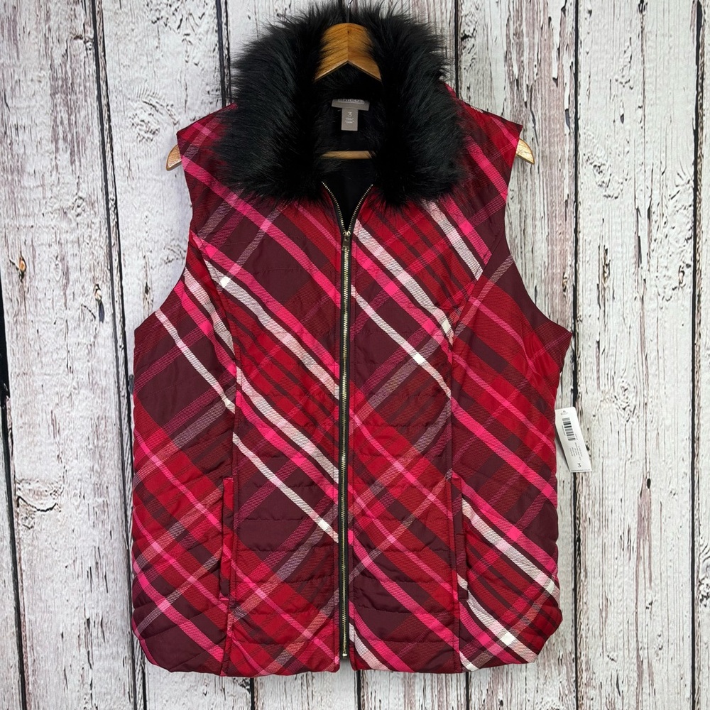 🏷️NWT Chico’s 3 | XL Classic Plaid Quilted Puffer Vest Removable Faux Fur Collar